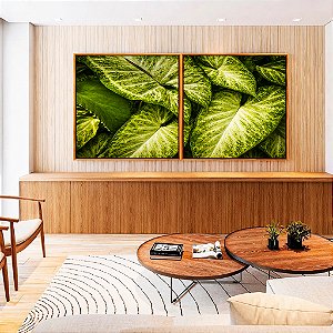Duo de Quadros Quadrados Planta Folha Verde Claro Vivo Natureza Canvas Moldura