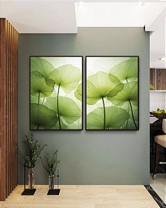 Duo de Quadros Planta Folhas de Lótus Verde Natureza Canvas Moldura