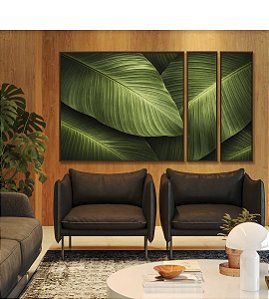 Trio de Quadros Estilizados Folhagem Bananeira tropical Verde Natureza Canvas Moldura