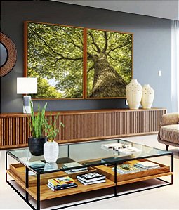 Duo de Quadros Árvore Galhos Folhas Verdes Vibrantes Céu Paisagem Natureza Canvas Moldura