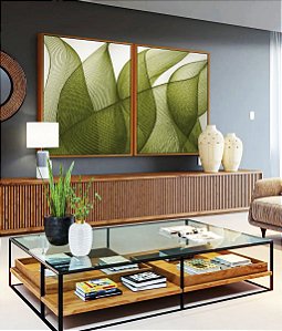 Duo de Quadros Folhas Verdes Vibrante Abstratas Onduladas Arte Canvas Moldura