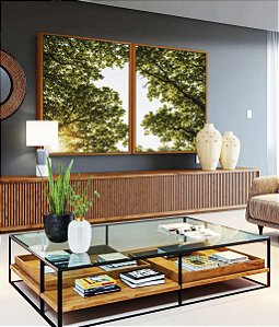 Duo de Quadros Céu Claro Árvore Folhas Verdes Paisagem Natureza Canvas Moldura