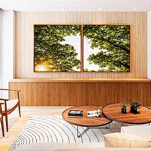 Duo de Quadros Quadrados Céu Claro Árvore Folhas Verdes Paisagem Natureza Canvas Moldura