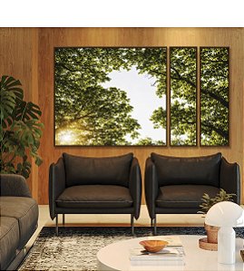 Trio de Quadros Estilizados Céu Claro Árvore Folhas Verdes Paisagem Natureza Canvas Moldura