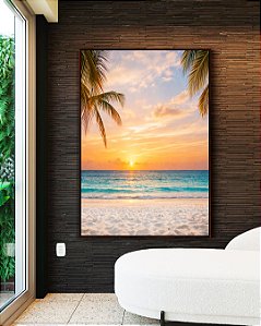 Quadro Vertical Sol Praia Mar Azul Coqueiros Litoral Tropical Canvas Moldura
