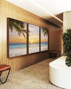 Trio de Quadros Sol Praia Mar Azul Coqueiros Litoral Tropical Canvas Moldura