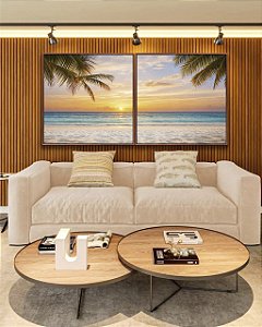 Duo de Quadros Quadrados Sol Praia Mar Azul Coqueiros Litoral Tropical Canvas Moldura