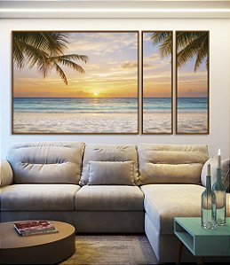 Trio de Quadros Estilizados Sol Praia Mar Azul Coqueiros Litoral Tropical Canvas Moldura