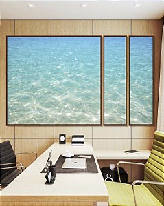 Trio de Quadros Estilizados Mar Azul Cristalino Reflexos do Sol Praia Areia Canvas Moldura