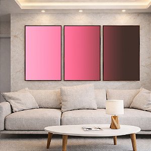 Trio de Quadros Abstrato Degrade Rosa Vibrante cinza Canvas Moldura