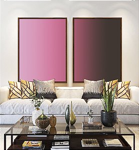 Duo de Quadros Abstrato Degrade Rosa Vibrante cinza Canvas Moldura