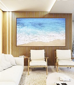 Quadro Horizontal Mar Azul Claro Cristalino Espuma na Areia Praia Natural Canvas Moldura