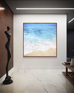 Quadro Quadrado Mar Azul Claro Cristalino Espuma na Areia Praia Canvas Moldura
