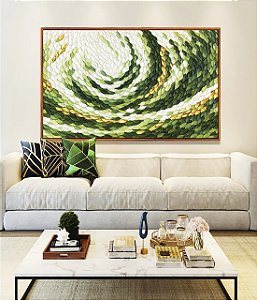Quadro Horizontal Verde Dourado Movimento Circular Textura Orgânica Canvas Moldura