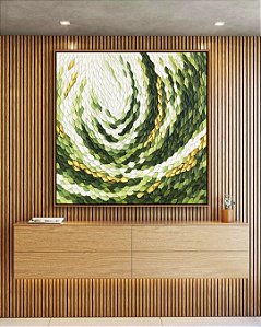 Quadro Quadrado Verde Dourado Movimento Circular Textura Orgânica Canvas Moldura