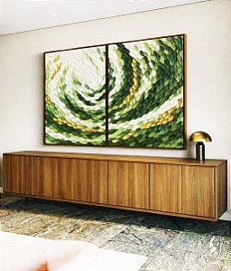 Duo de Quadros Verde Dourado Movimento Circular Textura Orgânica Canvas Moldura