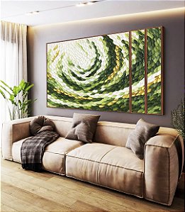 Trio de Quadros Estilizados Verde Dourado Movimento Circular Textura Orgânica Canvas Moldura