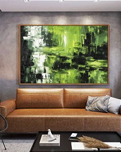 Quadro Horizontal Abstrato Cores Verde Limão Branco Preto Canvas Moldura