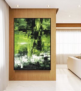 Quadro Vertical Abstrato Cores Verde Limão Branco Preto Canvas Moldura