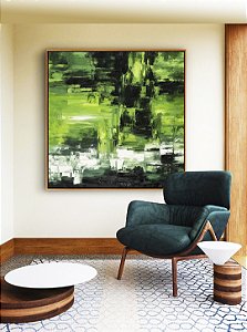 Quadro Quadrado Abstrato Cores Verde Limão Branco Preto Canvas Moldura