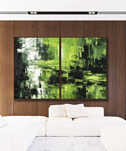 Duo de Quadros Abstrato Cores Verde Limão Branco Preto Canvas Moldura