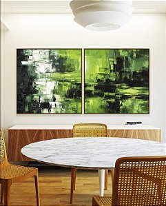 Duo de Quadros Quadrados Abstrato Cores Verde Limão Branco Preto Canvas Moldura