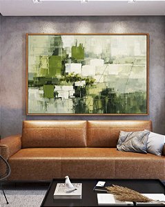 Quadro Horizontal Abstrato Verde Cinza Efeito Pintura Canvas Moldura