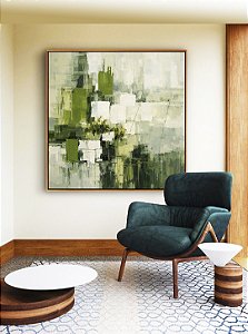 Quadro Quadrado Abstrato Verde Cinza Efeito Pintura Canvas Moldura
