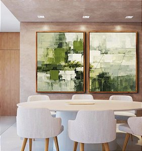 Duo de Quadros Abstrato Verde Cinza Efeito Pintura Canvas Moldura