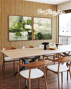 Duo de Quadros Quadrados Abstrato Verde Cinza Efeito Pintura Canvas Moldura