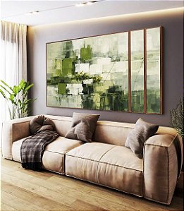 Trio de Quadros Estilizados Abstrato Verde Cinza Efeito Pintura Canvas Moldura