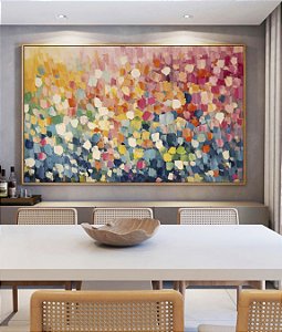 Quadro Horizontal Abstrato Colorido Azul Rosa Efeito Espatulado Canvas Moldura