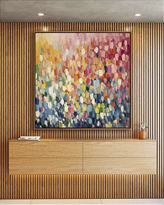 Quadro Quadrado Abstrato Colorido Azul Rosa Efeito Espatulado Canvas Moldura