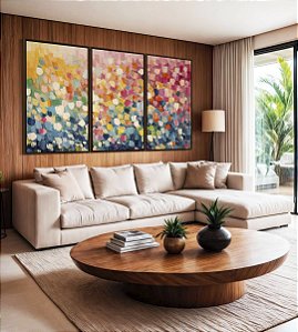 Trio de Quadros Abstrato Colorido Azul Rosa Efeito Espatulado Canvas Moldura