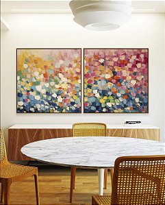 Duo de Quadros Quadrados Abstrato Colorido Azul Rosa Efeito Espatulado Canvas Moldura