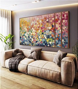 Trio de Quadros Estilizados Abstrato Colorido Azul Rosa Efeito Espatulado Canvas Moldura