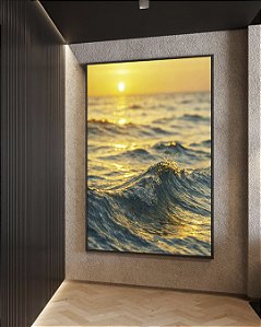 Quadro Vertical Pôr do Sol no Mar Ondulado Prateado Natureza Canvas Moldura
