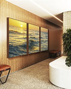 Trio de Quadros Pôr do Sol no Mar Ondulado Prateado Natureza Canvas Moldura