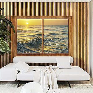 Duo de Quadros Pôr do Sol no Mar Ondulado Prateado Natureza Canvas Moldura