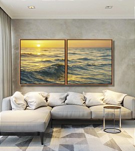 Duo de Quadros Quadrados Pôr do Sol no Mar Ondulado Prateado Natureza Canvas Moldura