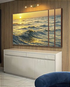 Trio de Quadros Estilizados Pôr do Sol no Mar Ondulado Prateado Natureza Canvas Moldura