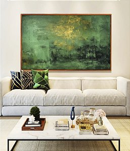 Quadro Horizontal Abstrato Verde Esmeralda Dourado Efeito Pintura Canvas Moldura