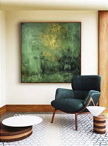 Quadro Quadrado Abstrato Verde Esmeralda Dourado Efeito Pintura Canvas Moldura