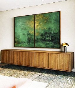 Duo de Quadros Abstrato Verde Esmeralda Dourado Efeito Pintura Canvas Moldura