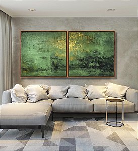 Duo de Quadros Quadrados Abstrato Verde Esmeralda Dourado Efeito Pintura Canvas Moldura
