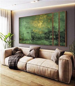 Trio de Quadros Estilizados Abstrato Verde Esmeralda Dourado Efeito Pintura Canvas Moldura