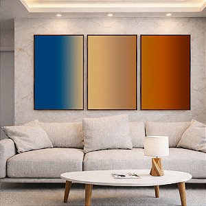 Trio de Quadros Abstrato Degradê Azul Marinho Marfim Marrom Cobre Canvas Moldura