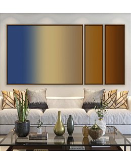 Trio de Quadros Estilizados Abstrato Degradê Azul Marinho Marfim Marrom Cobre Canvas Moldura