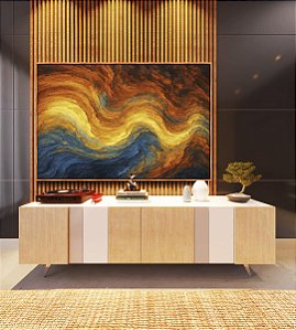 Quadro Horizontal Abstatro Laranja Amarelo Azul Ondulações Textura Canvas Moldura