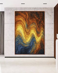 Quadro Vertical Abstatro Laranja Amarelo Azul Ondulações Textura Canvas Moldura